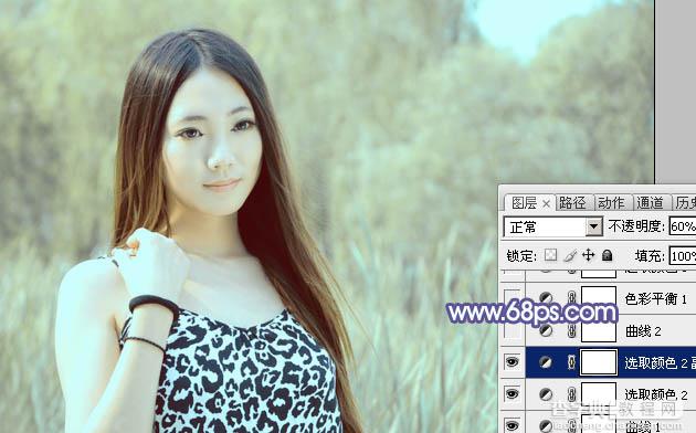 Photoshop将绿树边的美女调制出淡美的蓝黄色19