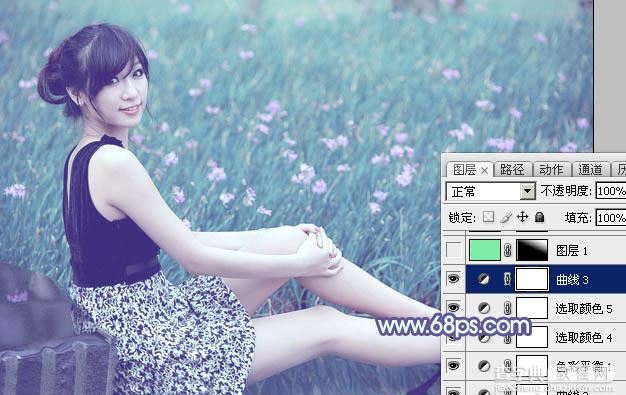 Photoshop将花草中的美女加上唯美梦幻的青蓝色34