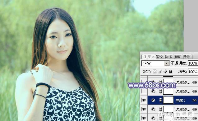 Photoshop将绿树边的美女调制出淡美的蓝黄色12