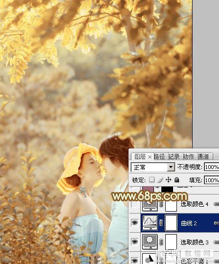 Photoshop将树林情侣图片增加上柔和秋季粉黄色30