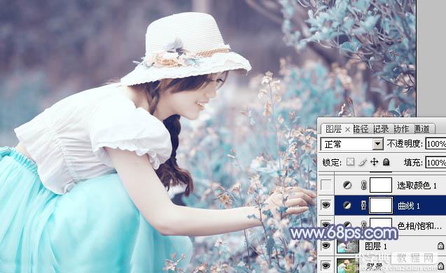 Photoshop将花草中的美女增加上冷艳的淡调青蓝色10