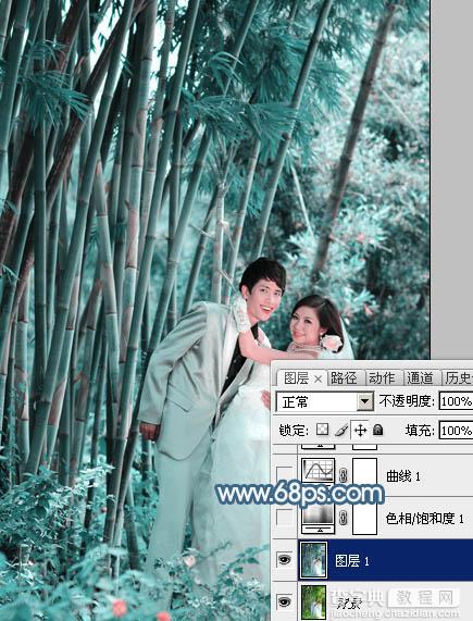 Photoshop为竹林婚片调制出梦幻复古的淡调青蓝色3