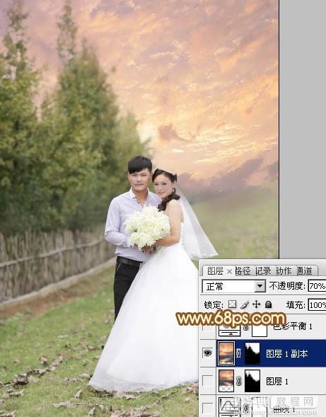 Photoshop为泛白的顺林婚片增加柔美的霞光效果教程18