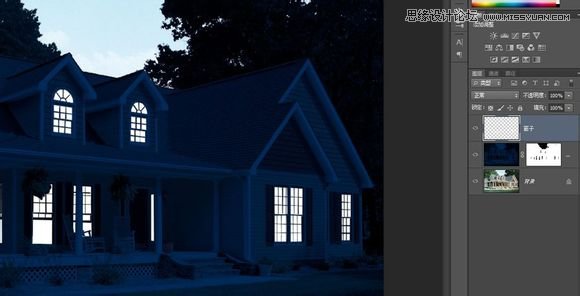 Photoshop把白天的别墅照片调成逼真的夜景效果7