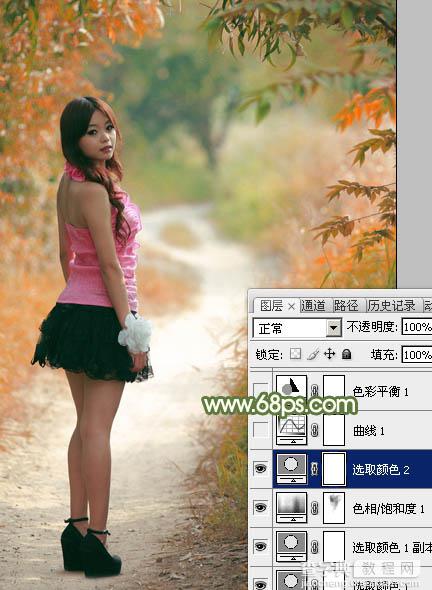 Photoshop将小树林中的美女调制出浓厚的橙绿色13