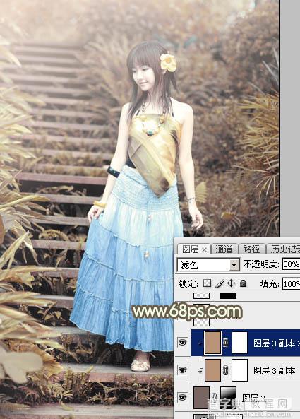 Photoshop为台阶上的美女加上唯美的阳光暖褐色34