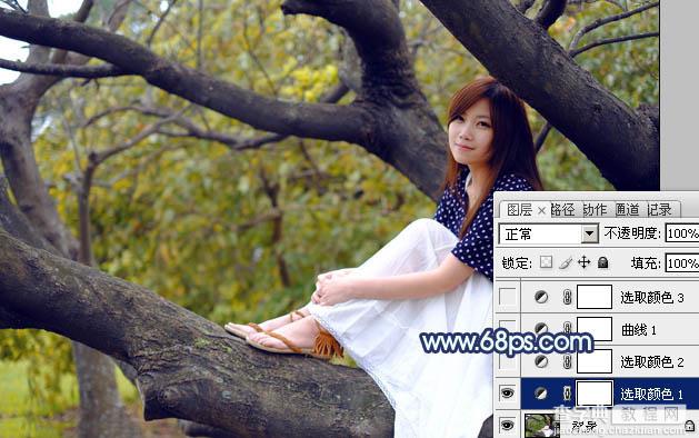 Photoshop为坐树枝上的美女调制出小清新的蓝黄色6