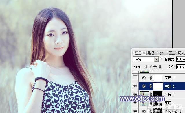 Photoshop将绿树边的美女调制出淡美的蓝黄色36