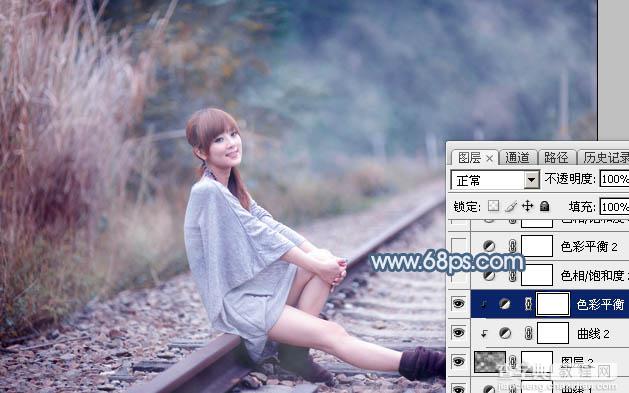 Photoshop为铁轨上的美女调制出梦幻的淡蓝色19