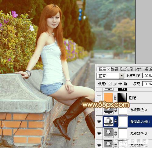 Photoshop为花坛边美女调制出非常柔和的阳光暖色效果18