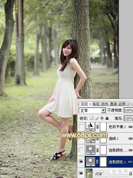 Photoshop将树林美女图片调制出柔和淡雅的黄绿色5