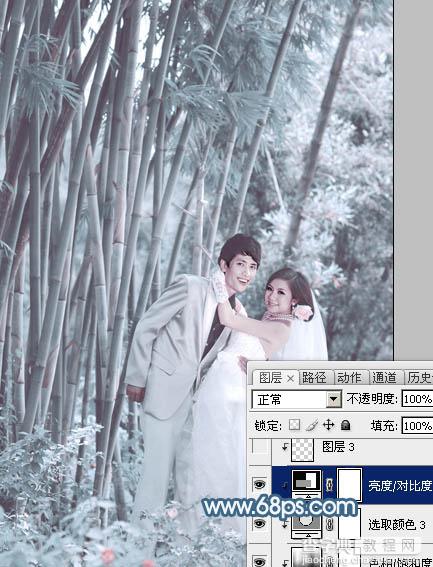 Photoshop为竹林婚片调制出梦幻复古的淡调青蓝色26