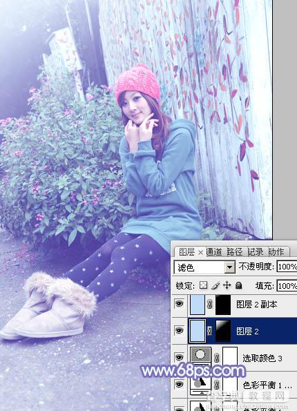 Photoshop为墙边的美女加上甜美的冬季淡蓝色26
