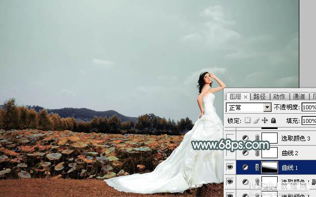 Photoshop为荷塘边的美女加上古典青色调13