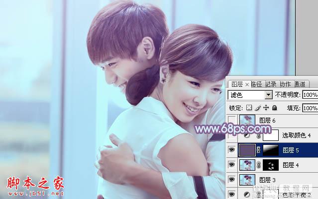 Photoshop将室内情侣图片调制出流行的韩系淡蓝色25