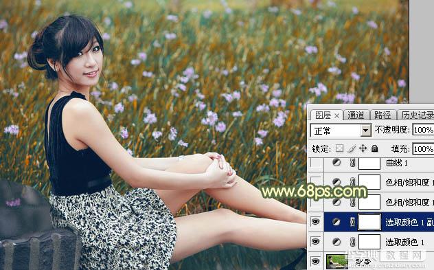 Photoshop为草地上的美女加上古典暗调青黄色9