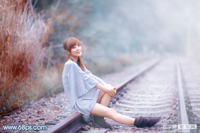 Photoshop为铁轨上的美女调制出梦幻的淡蓝色2