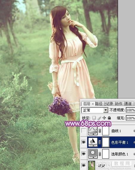 Photoshop将树林美女图片调制出柔美的淡调青绿色10