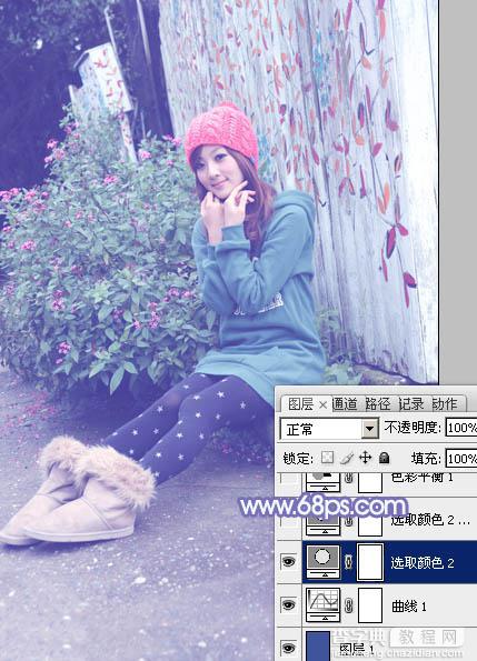 Photoshop为墙边的美女加上甜美的冬季淡蓝色17