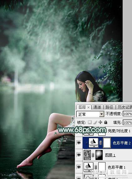 Photoshop为湖边的美女调制出童话中的梦幻青色调20