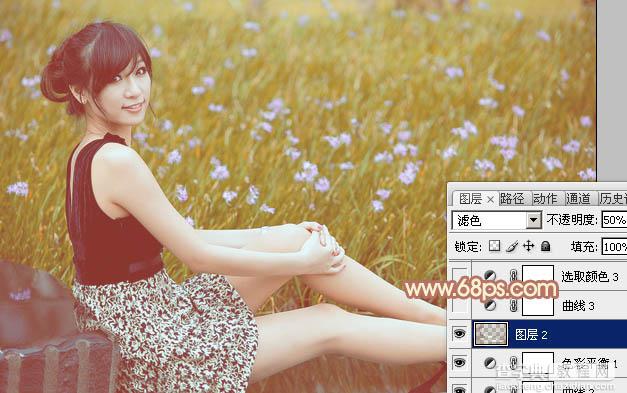 Photoshop为草地上的美女图片增加柔和的淡调橙褐色23