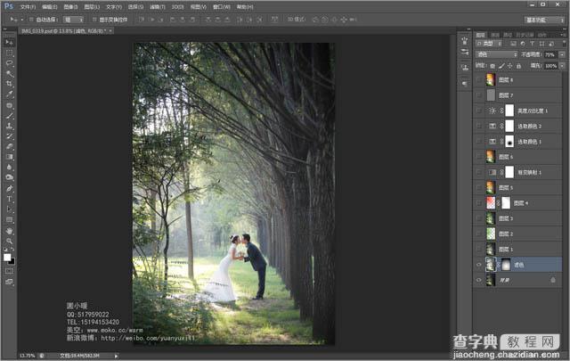 Photoshop为偏暗的树林婚片增加灿烂的阳光色彩4