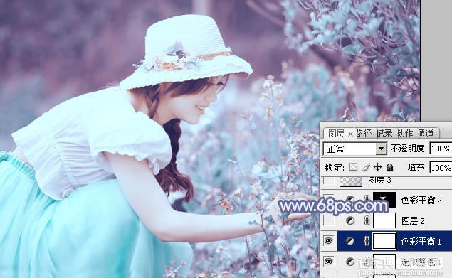 Photoshop将花草中的美女增加上冷艳的淡调青蓝色19
