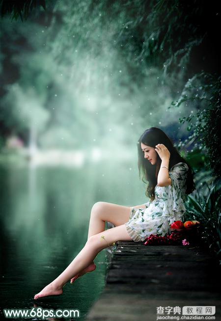 Photoshop为湖边的美女调制出童话中的梦幻青色调2