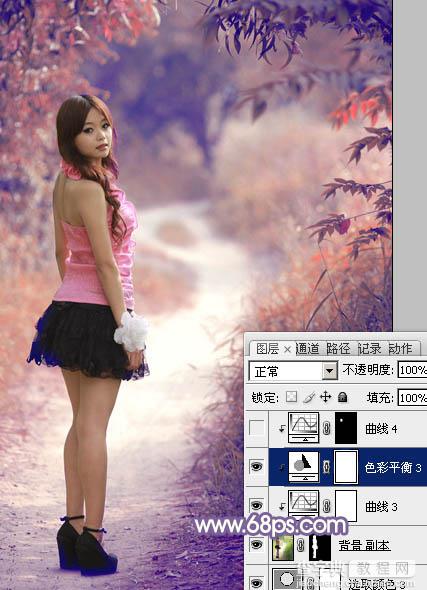 Photoshop为树林中的人物加上经典深秋红蓝色33