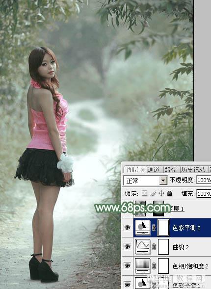 Photoshop为林间路上的美女添加梦幻的冷色绿色调29