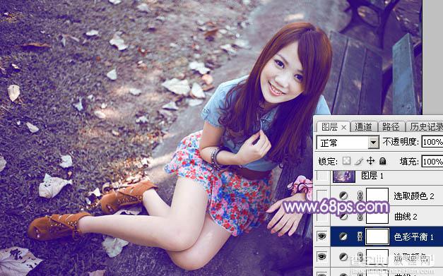 Photoshop为公园路边的美女调制出甜美的蓝紫色16