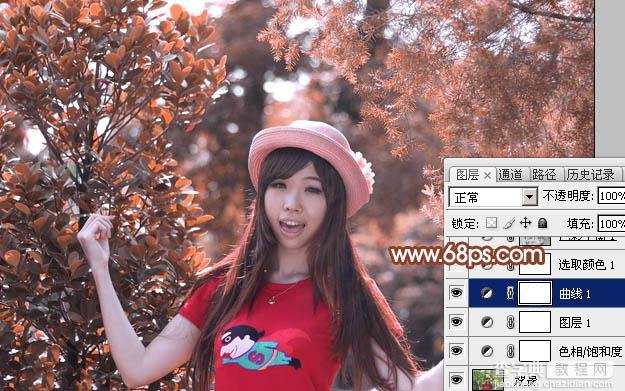 Photoshop打造唯美的橙红色树林人物图片10