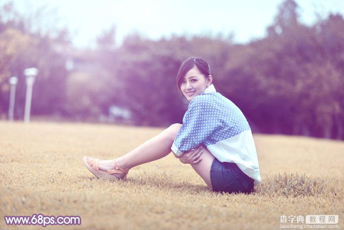 Photoshop将草地上的美女打造甜美的淡调蓝黄色2