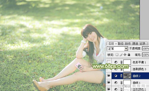 Photoshop将绿草上的美女打造出甜美的韩系淡绿色18