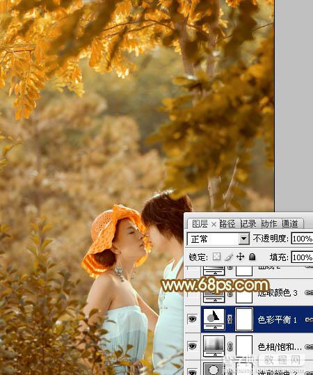 Photoshop将树林情侣图片增加上柔和秋季粉黄色19