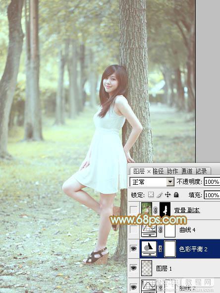Photoshop将树林美女图片调制出柔和淡雅的黄绿色27
