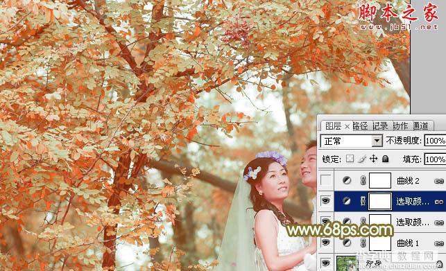 Photoshop将树林婚片打造出柔美的橙绿色14