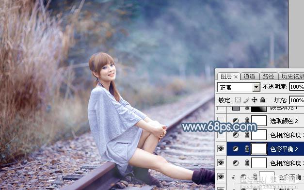 Photoshop为铁轨上的美女调制出梦幻的淡蓝色24
