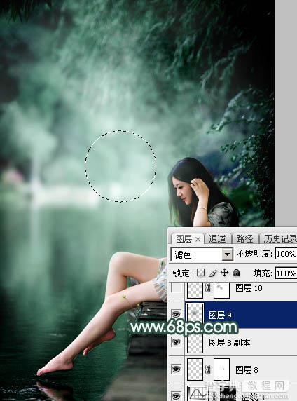 Photoshop为湖边的美女调制出童话中的梦幻青色调39