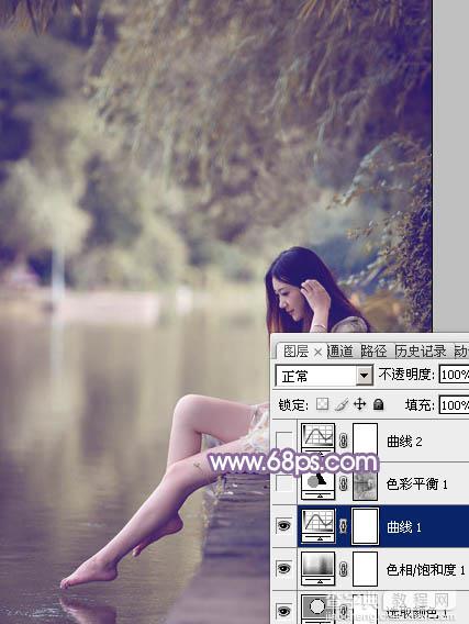 Photoshop将水塘边的美女加上漂亮的淡调黄紫色12