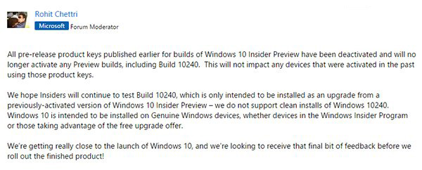 微软确认已停用所有Win10预览版密钥2