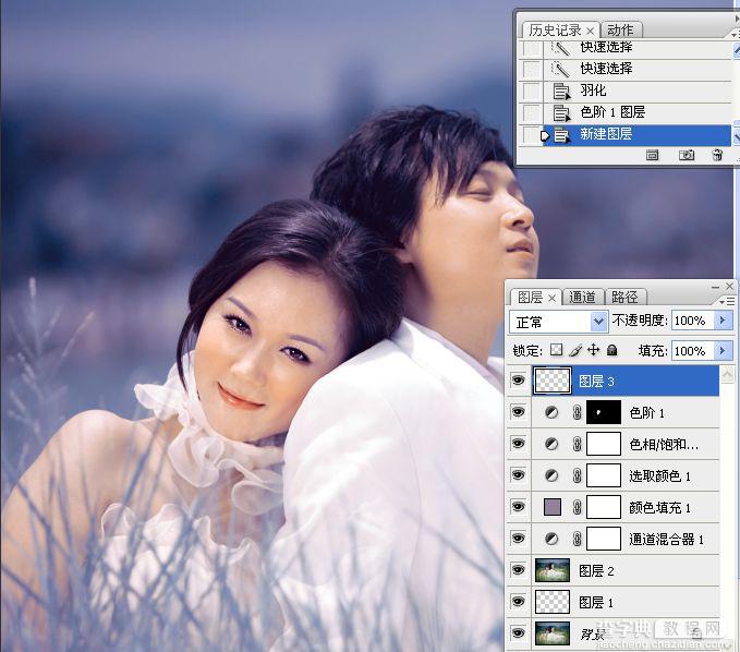 Photoshop将草丛中的婚片打造出浪漫的暗调蓝紫色效果17