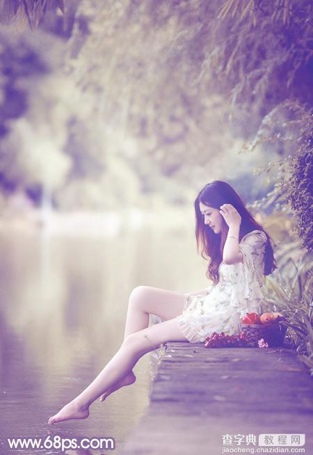 Photoshop将水塘边的美女加上漂亮的淡调黄紫色2