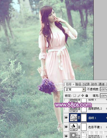 Photoshop将树林美女图片调制出柔美的淡调青绿色15