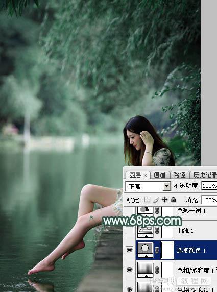 Photoshop为湖边的美女调制出童话中的梦幻青色调10