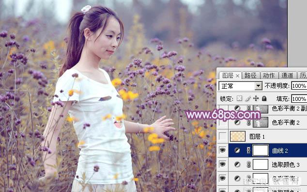 Photoshop为站在野花从中的美女调制出柔美的淡紫色26
