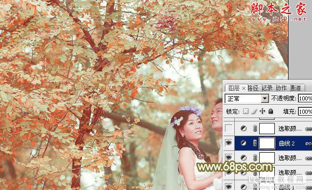 Photoshop将树林婚片打造出柔美的橙绿色16