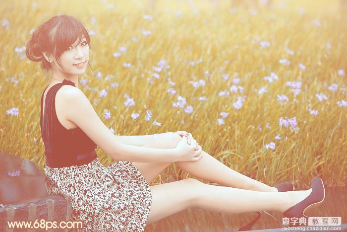 Photoshop为草地上的美女图片增加柔和的淡调橙褐色2