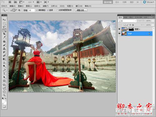 Photoshop为古建筑人物图片增加天空及美化教程17