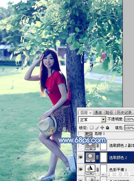 Photoshop为树边的女孩增加流行的淡调青蓝色23